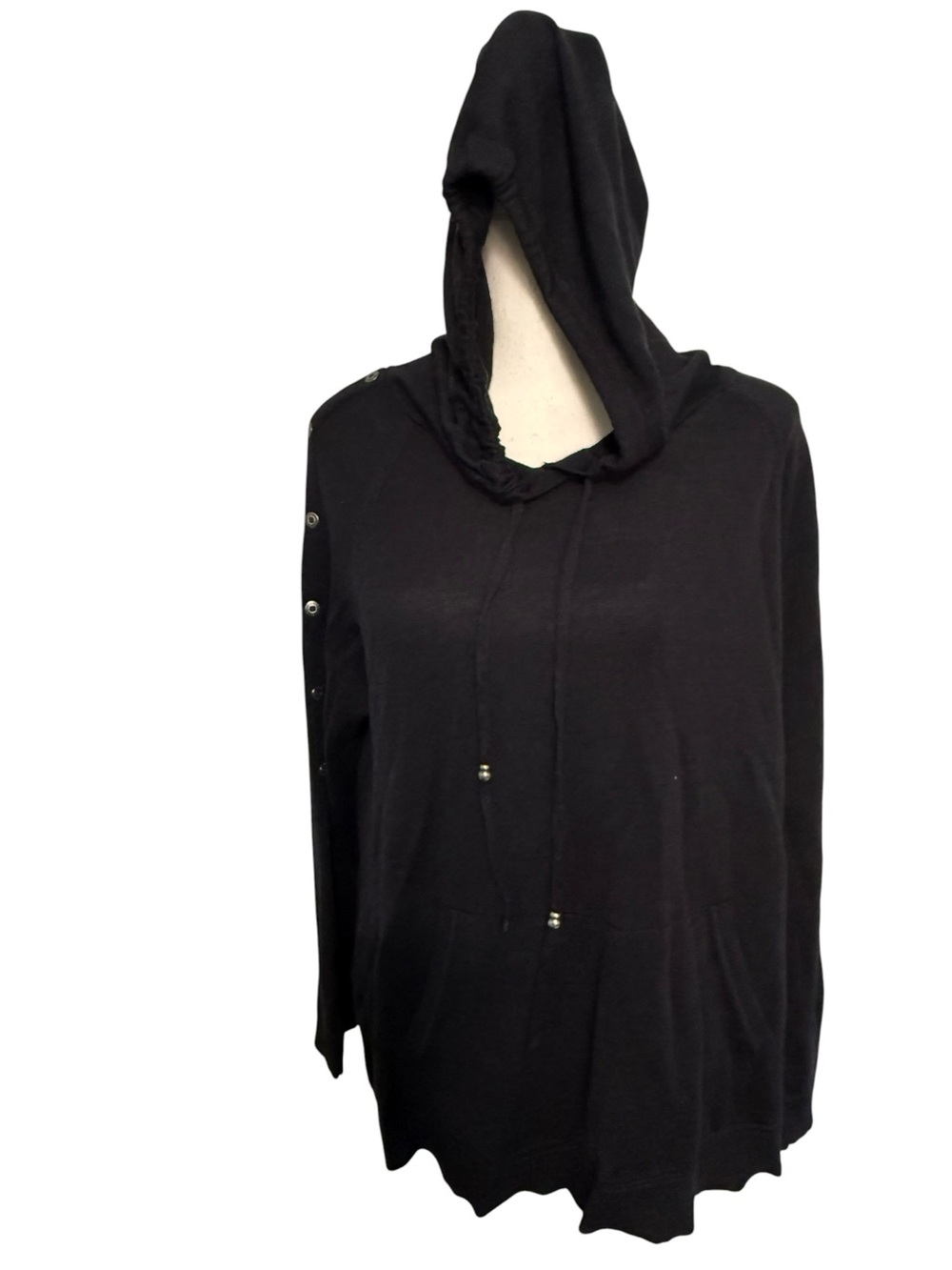 Soft Surroundings Black Wool Blend Snap Sleeve Hoodie Sweater Large